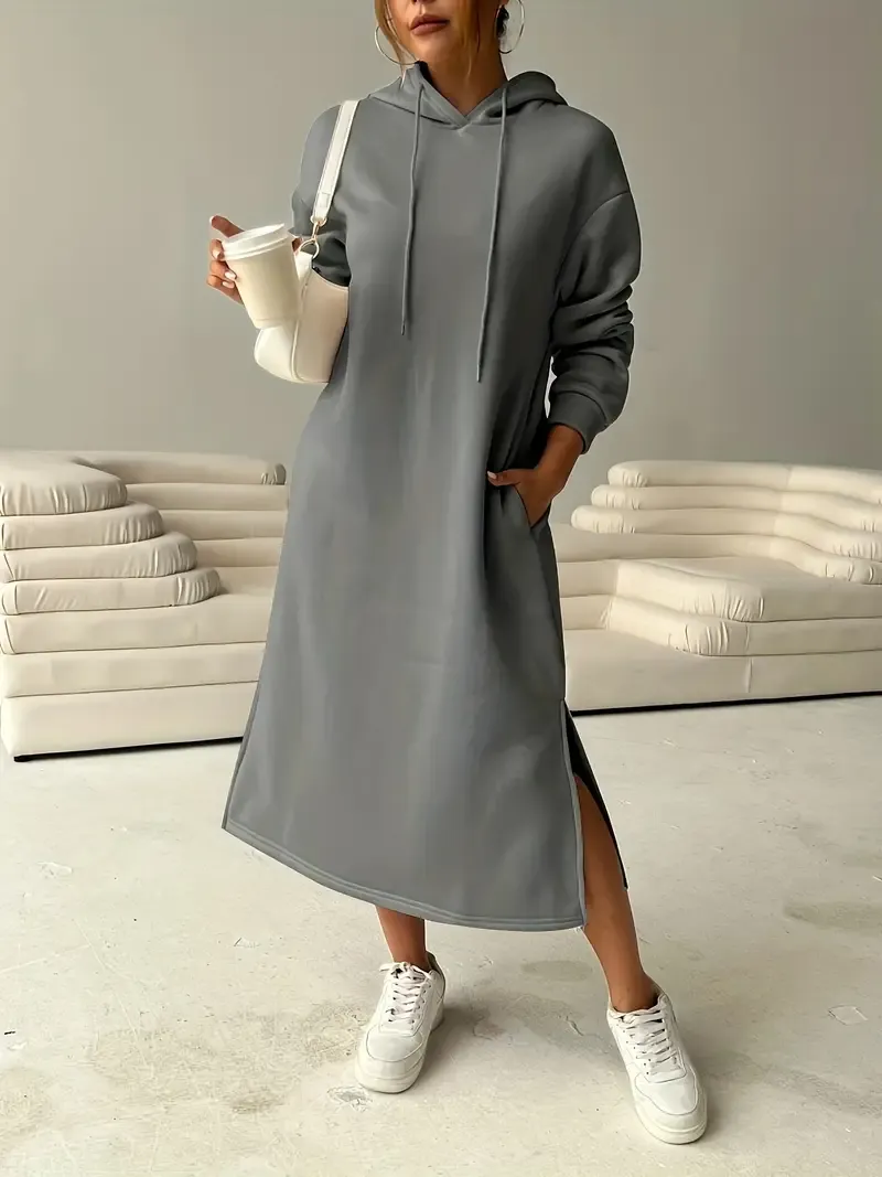 Women's Letter Print Drawstring Hooded Sweatshirt Dress, Long Sleeve Loose Casual Fall Winter Dress