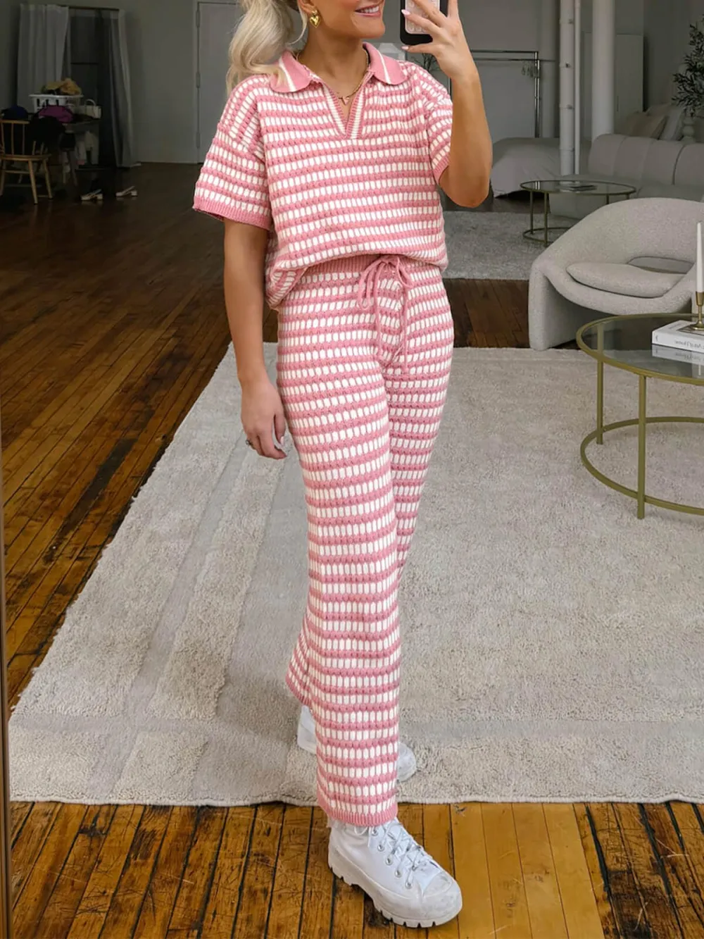 Womens 2 Piece Outfits Striped Short Sleeve Sweater Tops Knit Sets Wide Leg Pants Lounge Set