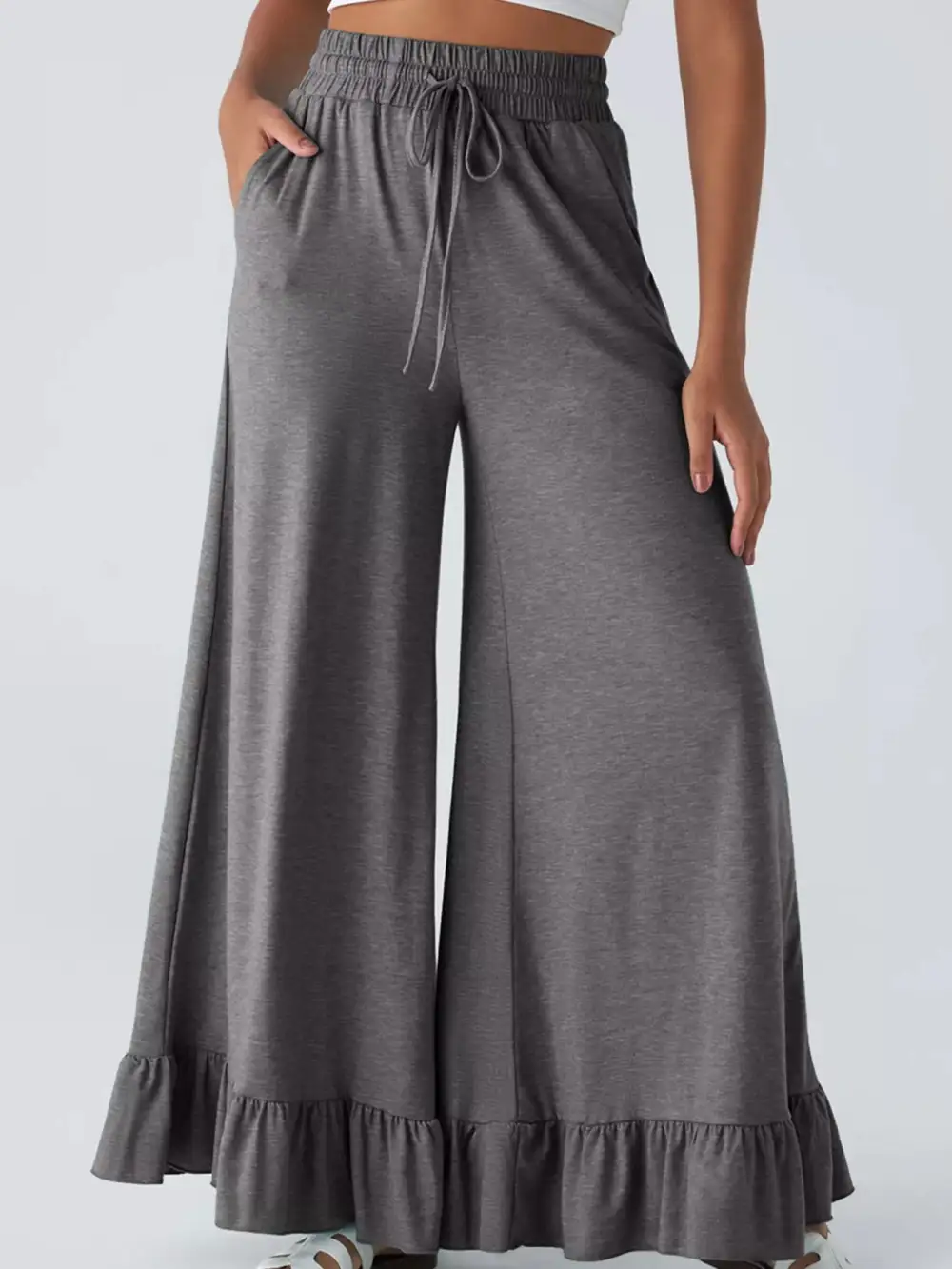Ruffled Wide Leg Pull On High Waist Pants With Pocket
