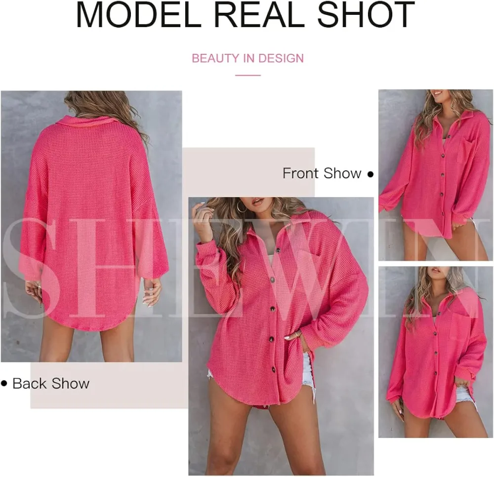 Womens Waffle Knit Button Down Shirts Casual Long Sleeve Shacket Jacket Boyfriend Tops Blouses Loose Fit