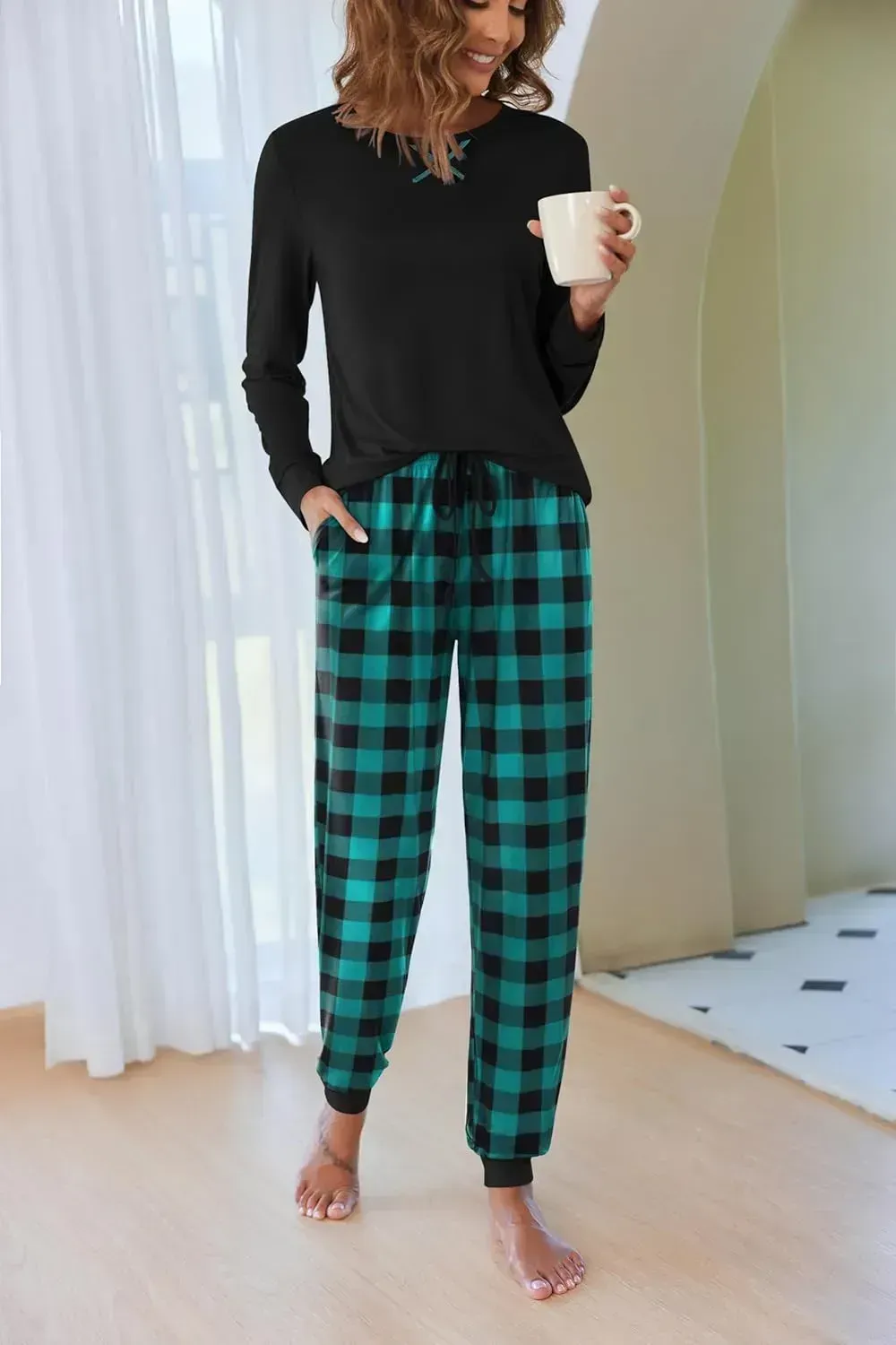 Women's Pajamas Sets Long Sleeve with Plaid Pants Soft Sleepwear O Neck 2 Piece Pjs Joggers Loung Set with Pockets