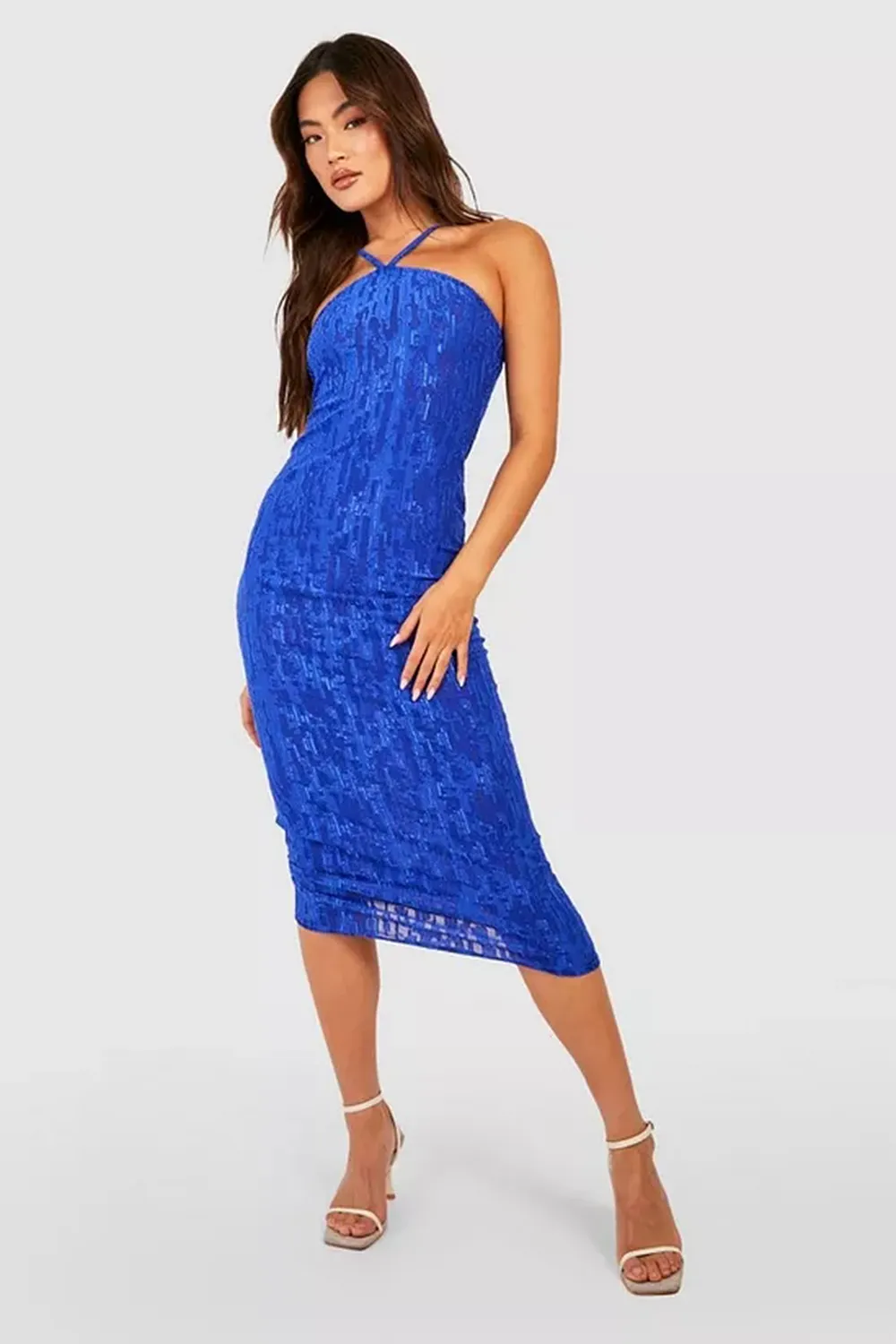 JAQUARD TEXTURED HALTERNECK MIDAXI DRESS