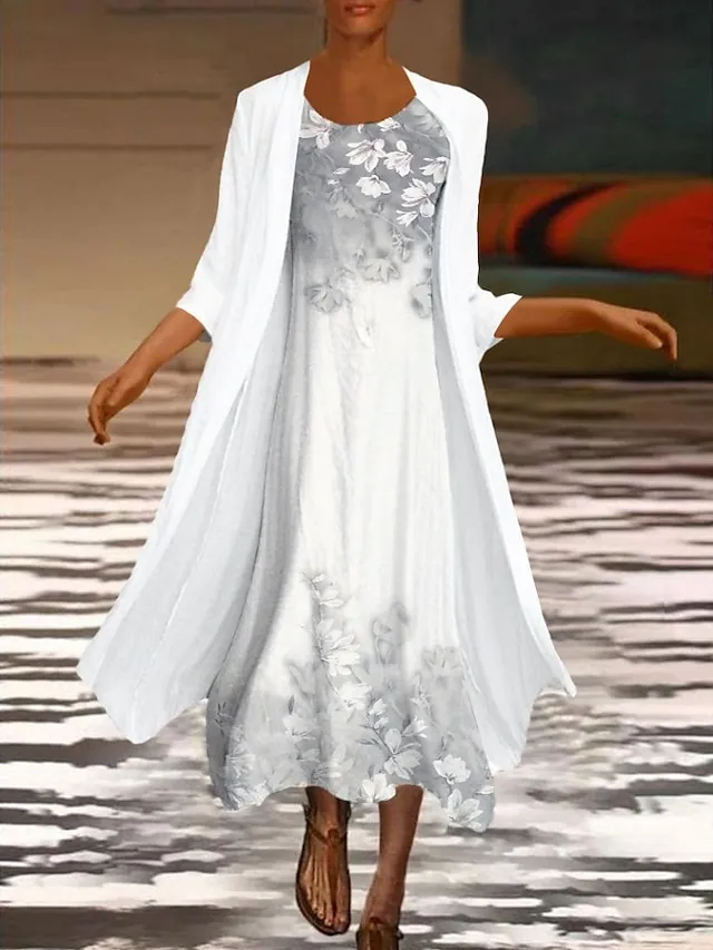 Women‘s Dress Set Two Piece Dress Midi Dress Green Blue Purple Pink White Long Sleeve Floral Ruched Print Summer Spring Fall Crew Neck Elegant Casual Classic 2023 S M L XL XXL 3XL / Summer Dress