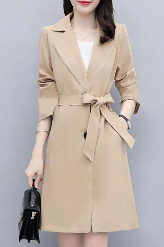 Front Tie Solid Lapel Trench Coat