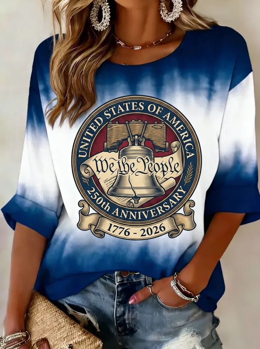 Women's USA Patriot Liberty Bell We The People Printed Tie-Dye T-shirt