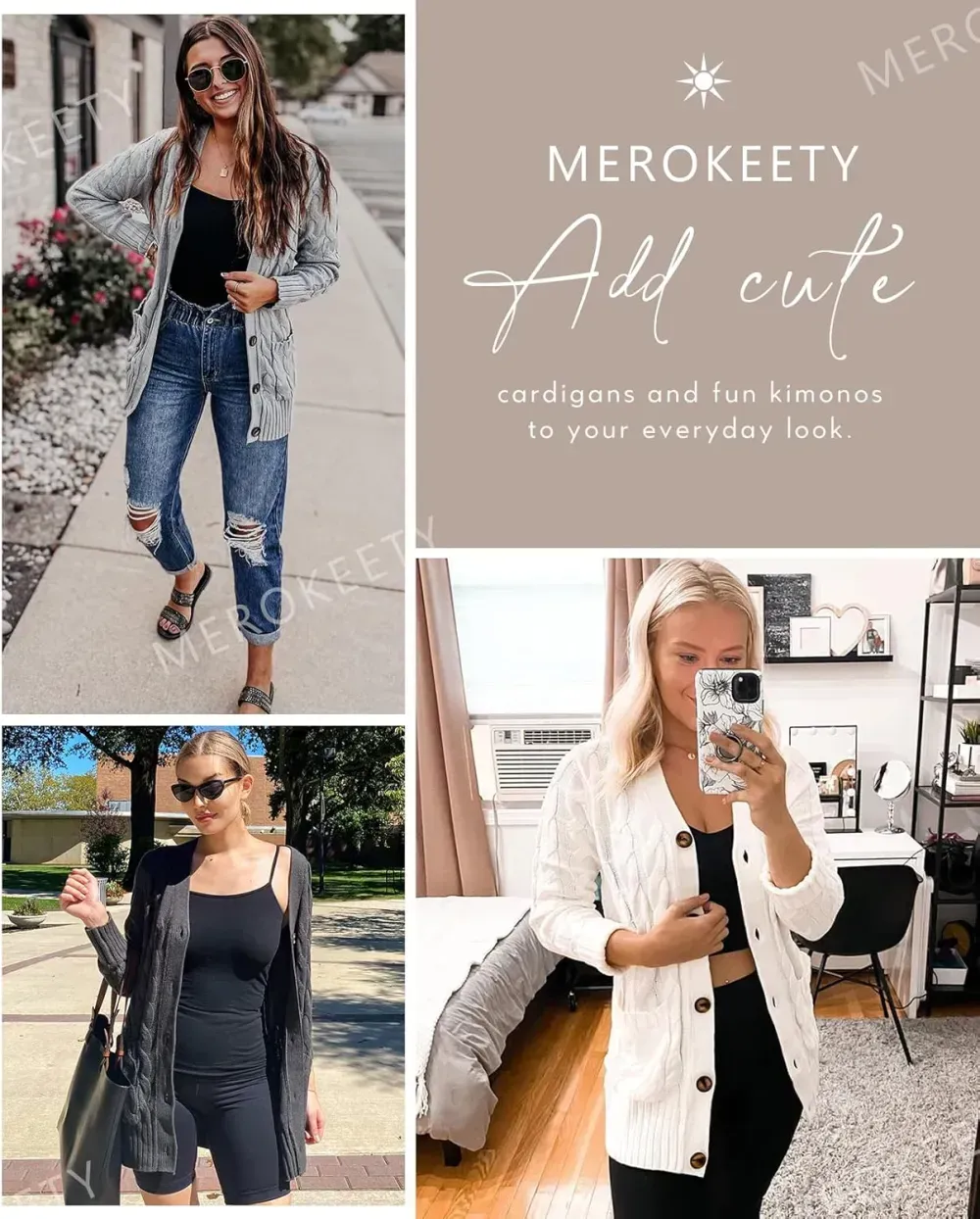 MEROKEETY Women's 2024 Fall Long Sleeve Cable Knit Sweater Open Front Cardigan Button Loose Outerwear