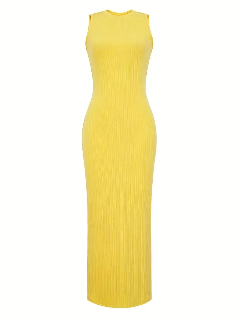 Women's Summer 2023 Fashion Casual Knit Sleeveless Crew Neck Bodycon Pencil Dress, Polyester 95% Spandex 5%, Solid Color Long Length Skinny Fit