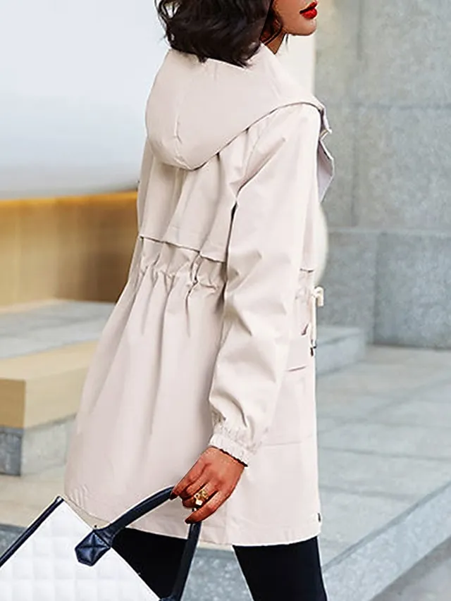 Women's Trench Coat Fall Outdoor Zipper Plain Breathable Streetwear Regular Fit Outerwear Long Sleeve Black M