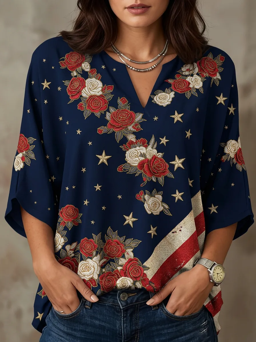 Women's Nashville Rose Star Flag Printed V-neck Top