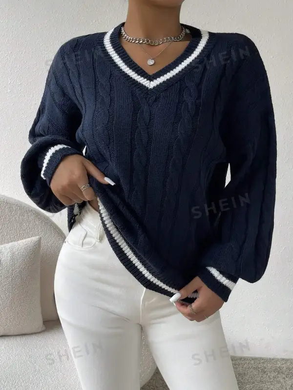 Sweater ribete de rayas tejido de cable de hombros caídos
