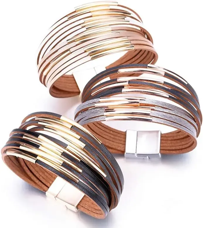 Fesciory Leather Wrap Bracelets for Women, Boho Leopard Multi-Layer Crystal Beads Cuff Bracelet Jewelry