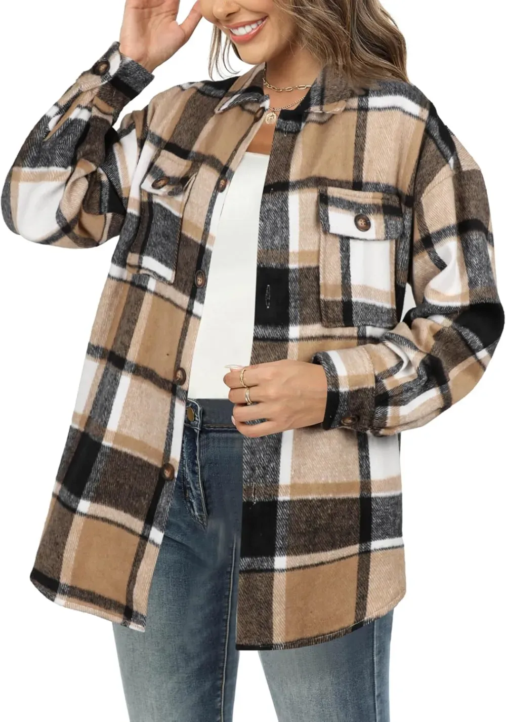 Women's Casual Plaid Flannel Shacket Jacket Oversized Button Down Long Sleeve Fall Shirts Jacket Lapel Coats Tops