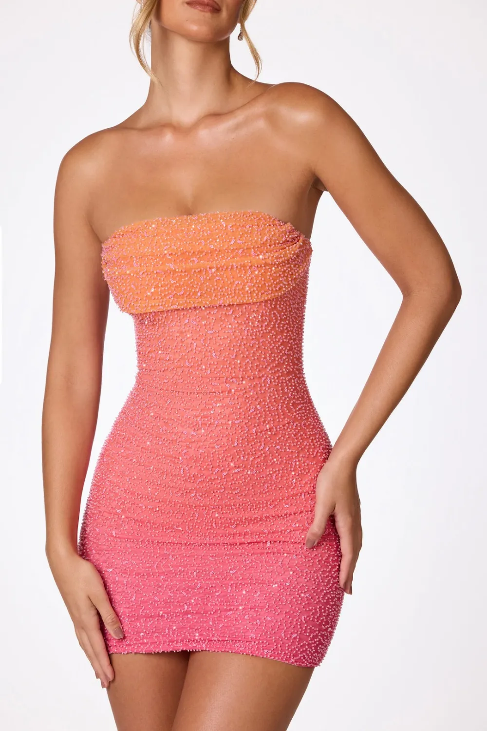 Embellished Strapless Mini Dress - Reddish Orange