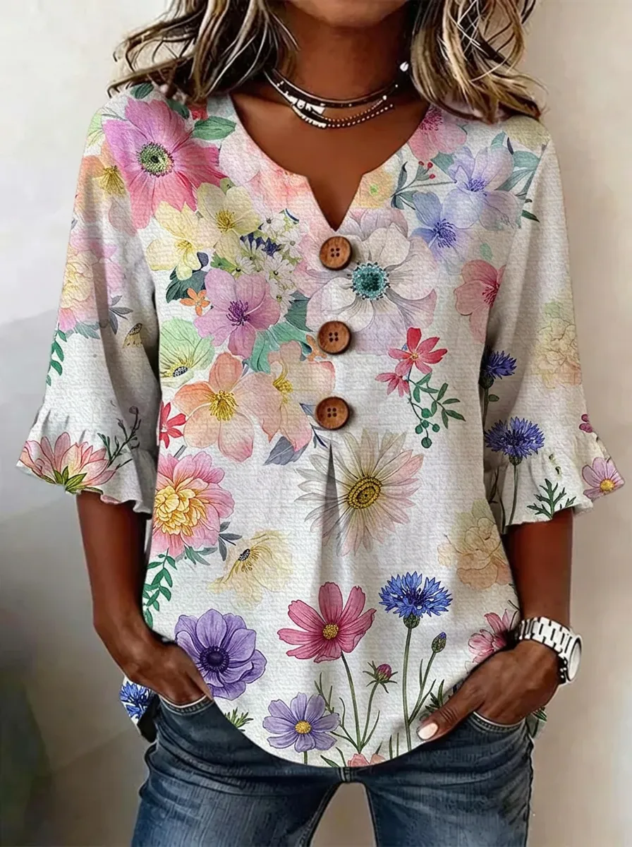 Women's Nashville Floral Botanical Printed V-Neck Button Top