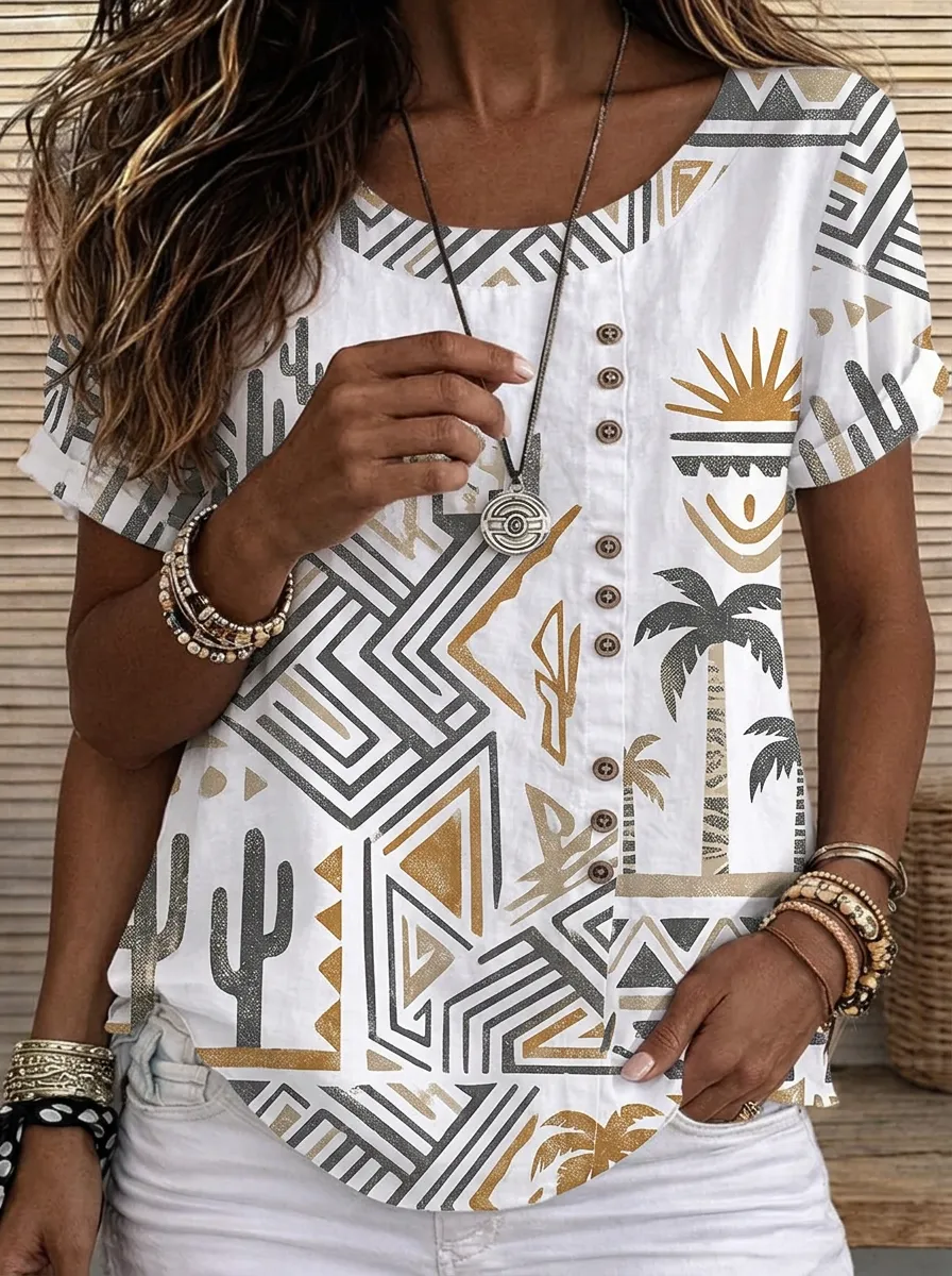 Women's Nashville Desert Cactus Palm Printed Button-Down Top