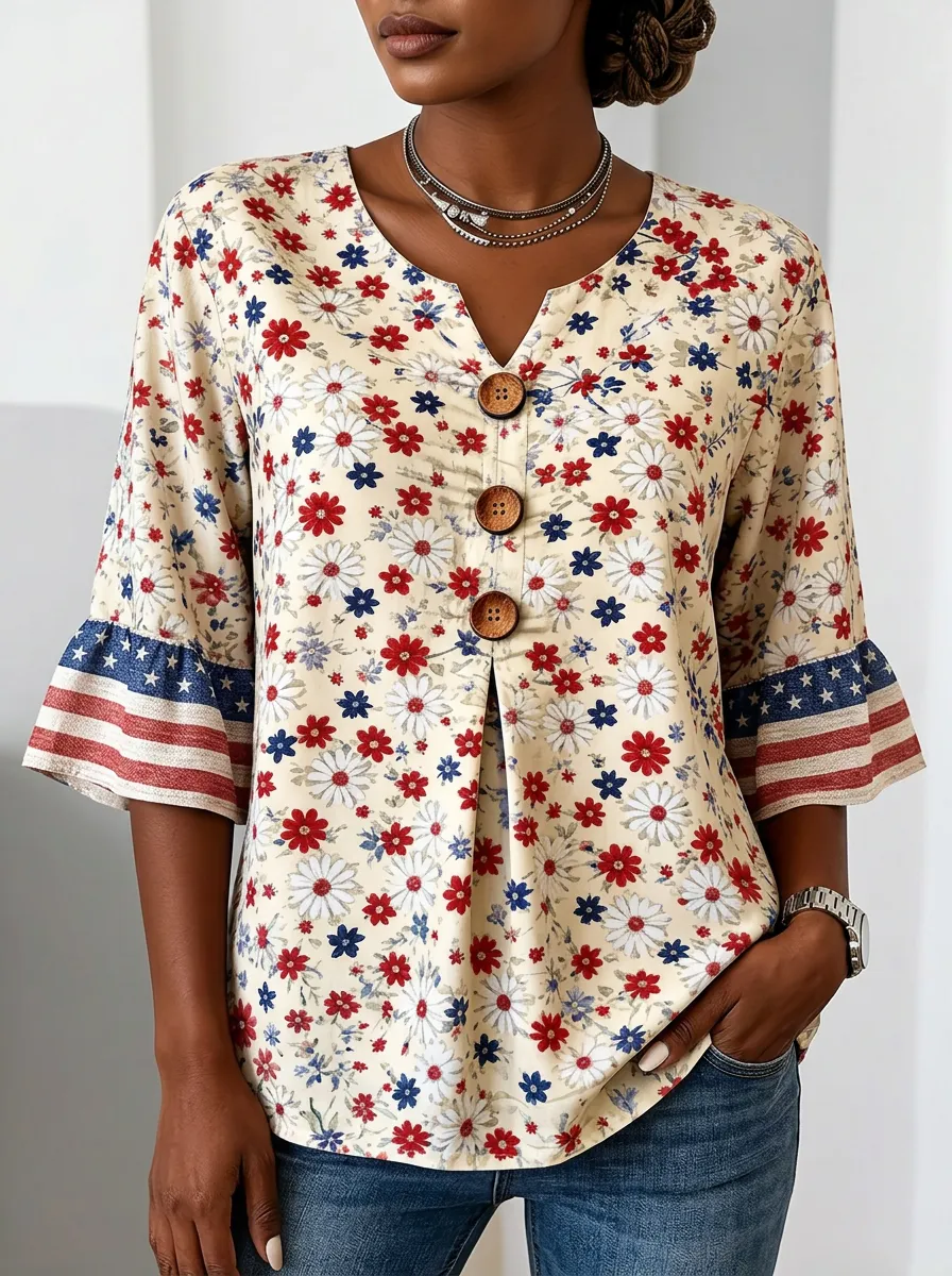 Women's Nashville Patriotic Floral Flag Sleeve Printed Top
