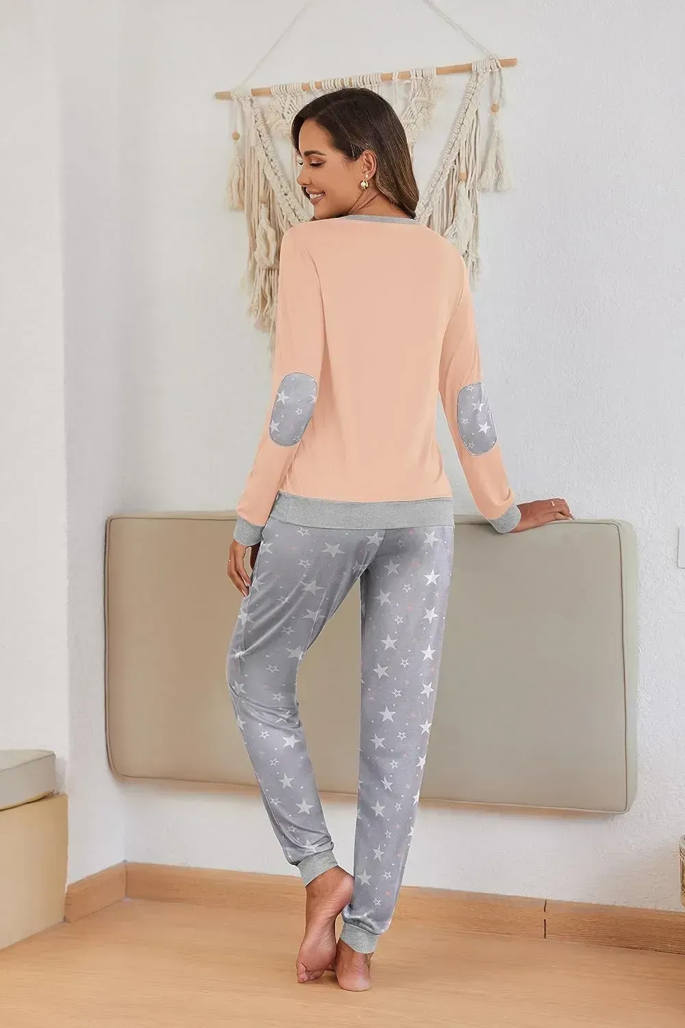 Women's Pajamas Sets Long Sleeve with Plaid Pants Soft Sleepwear O Neck 2 Piece Pjs Joggers Loung Set with Pockets