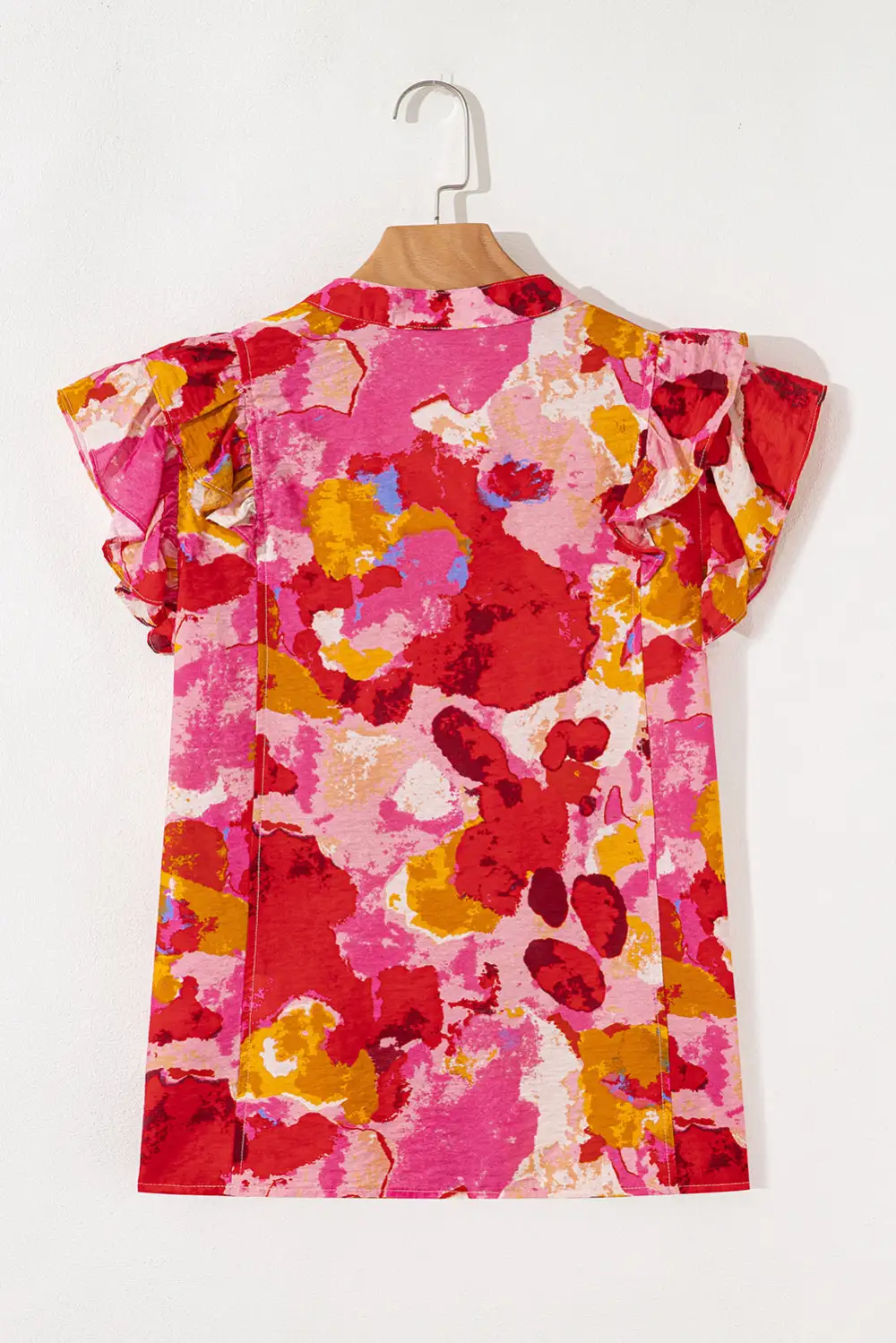 Softly Styled Abstract Print Ruffled V-Neck Blouse