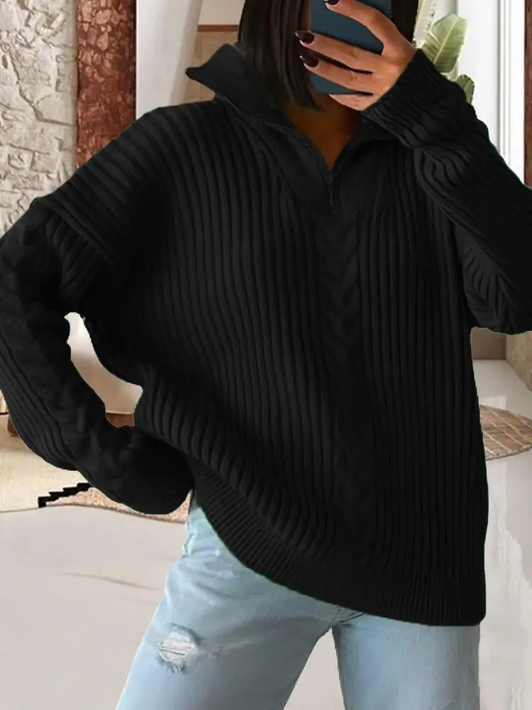 Sweater Twist Lapel Lazy Loose Casual Solid Color Knit Zip Sweater
