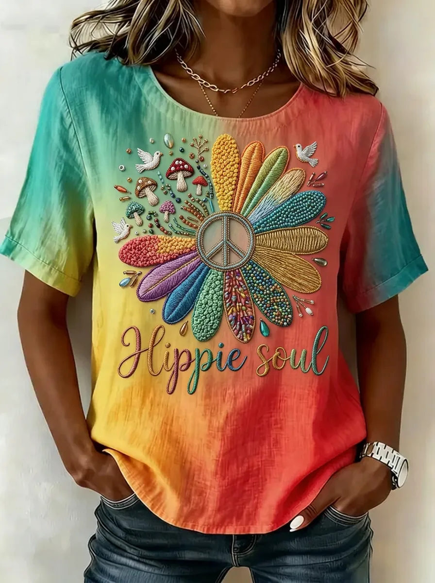 Women's Hippie Soul Peace Flower Mushroom Printed T-shirt