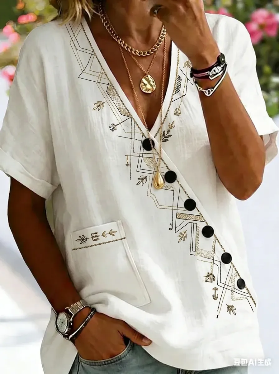 Women's Nashville Geometric Anchor Printed V-neck Button Top