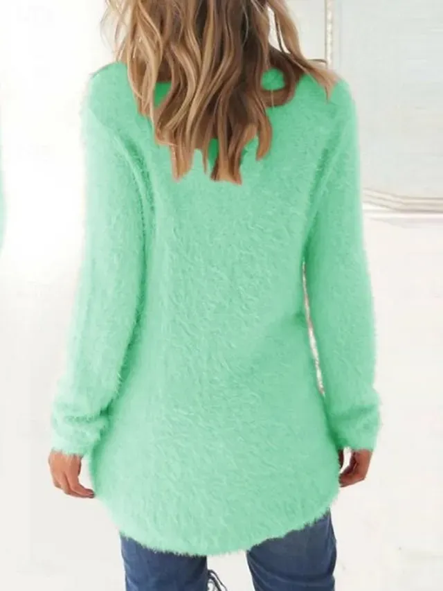 Women's Pullover Sweater Jumper Stylish Casual Soft Solid Color Fuzzy Crew Neck Oversized Long Sleeve Long Tops Knit Outdoor Daily Going out Lake blue ArmyGreen Fall Winter