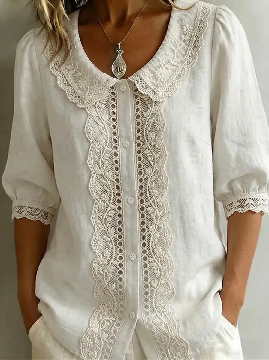 Women's Nashville Country Lace Trimmed Button Down Blouse