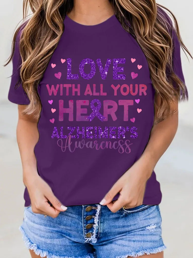 Women'S Love With All Your Heart Alzheimer'S Awareness Round-Neck T-Shirt