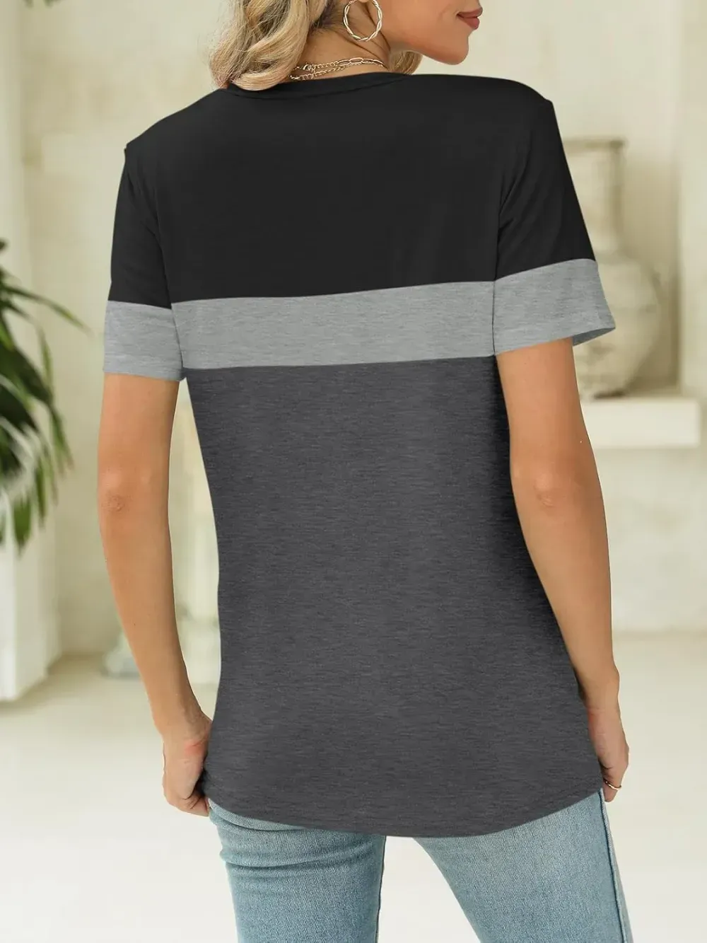 ORANDESIGNE Women's Color Block Short Sleeve T Shirts Casual V Neck Summer Tops Tees Loose Fit Blouses