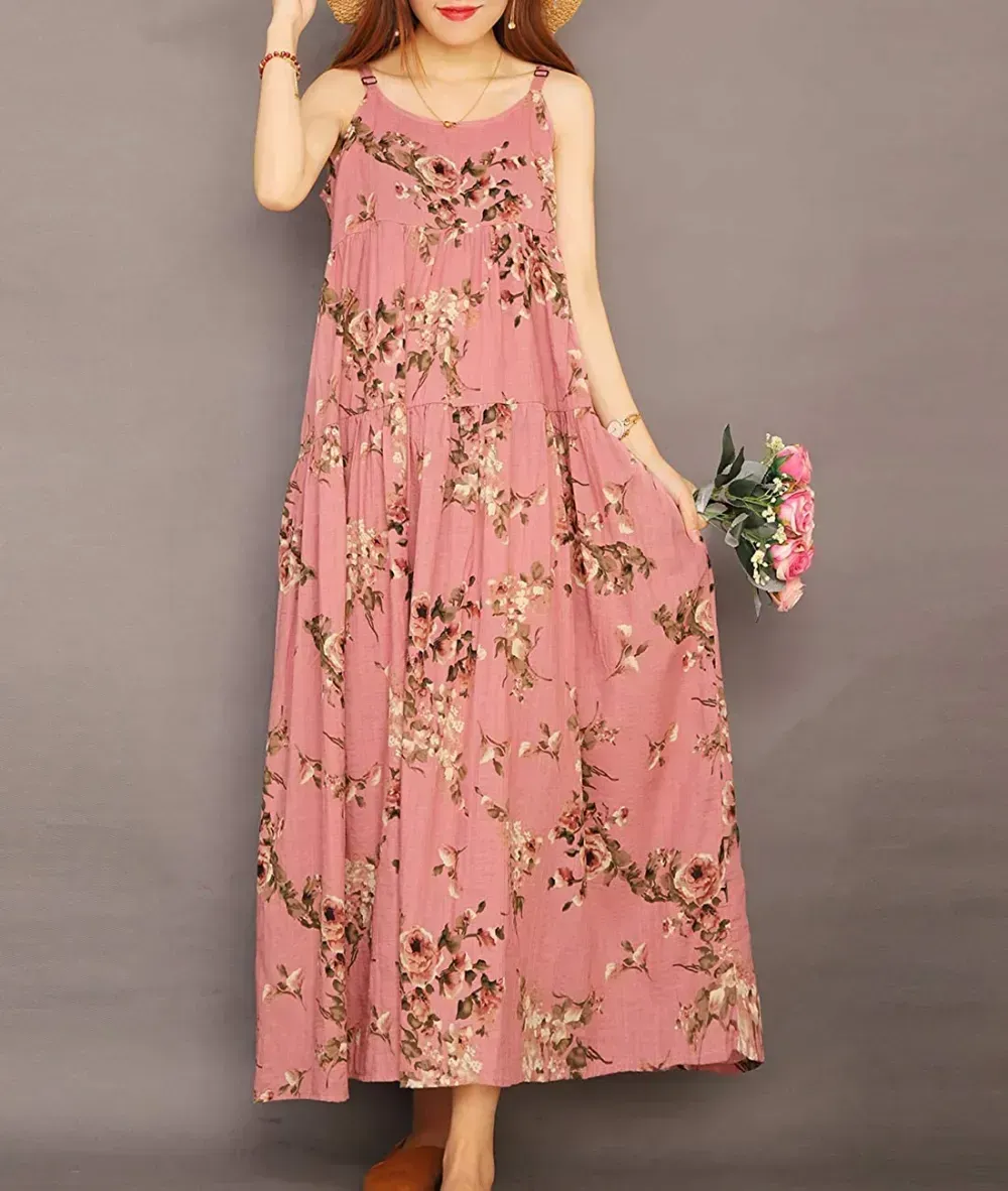 Summer Dresses for Women Casual Loose Bohemian Floral Dress with Pockets Spaghetti Strap Maxi Dress E75