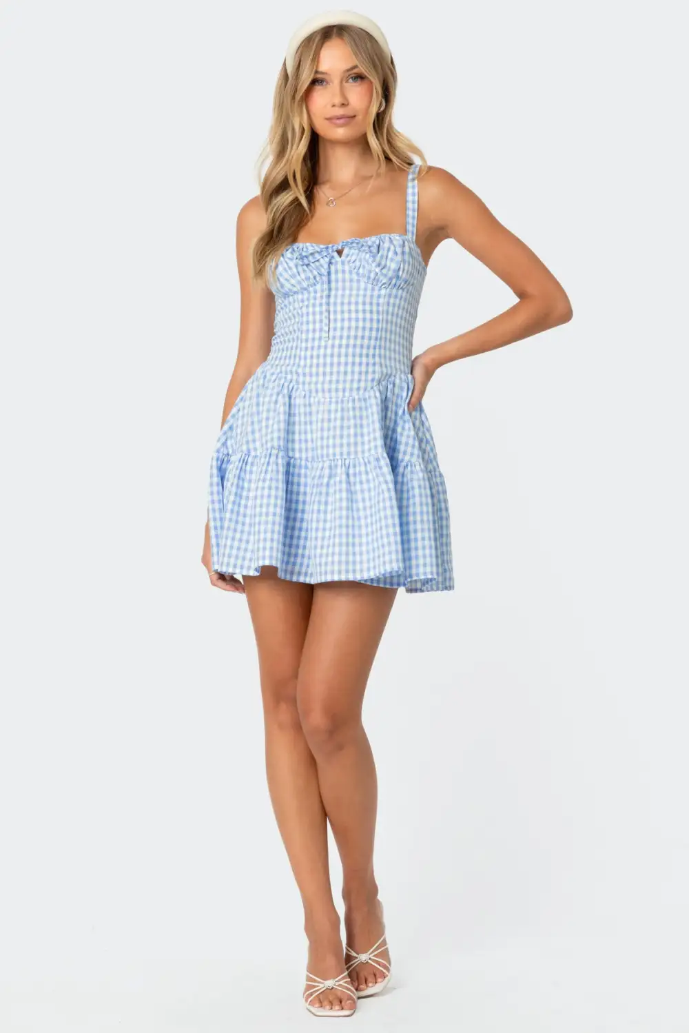 Basil Cupped Gingham Mini Dress