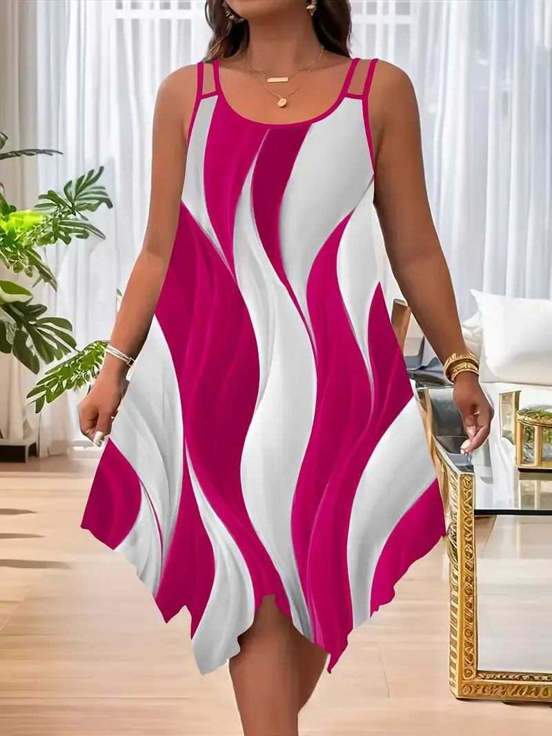 Women's Summer Casual Asymmetrical Hem Dress, Polyester 95% Spandex 5% Knit Fabric, Crew Neck Slingback with Random Print Design