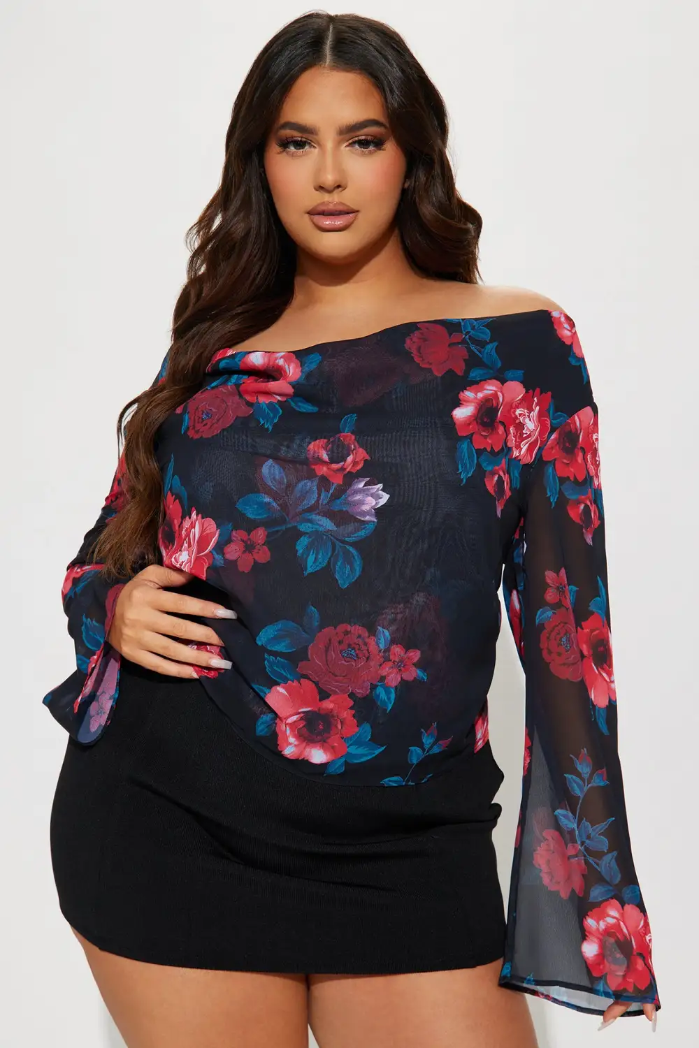 Laina Floral Blouse Top - Black/Red