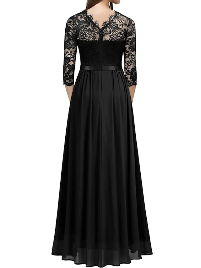 Women‘s Black Dress Prom Dress Black Lace Dress Party Dress Long Dress Maxi Dress Green 3/4 Length Sleeve Spring Fall Crew Neck Fashion