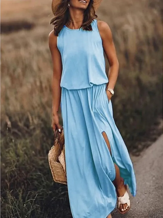 Women's Shift Dress Long Dress Maxi Dress Green Sleeveless Pure Color Split Spring Summer Crew Neck Modern Regular Fit 2023 S M L XL 2XL 3XL 4XL 5XL