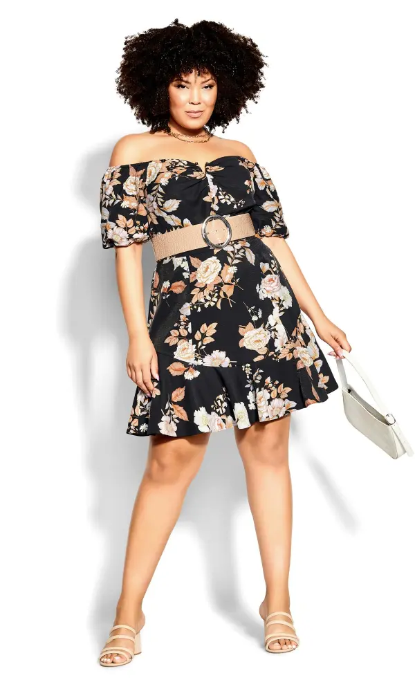 Evans Black Floral Print Bardot Smock Dress