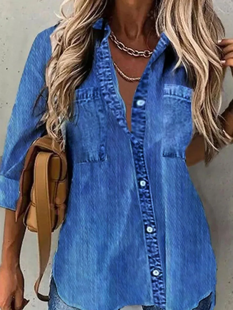 Casual Loose Solid Denim Blue Long Sleeve Blouse