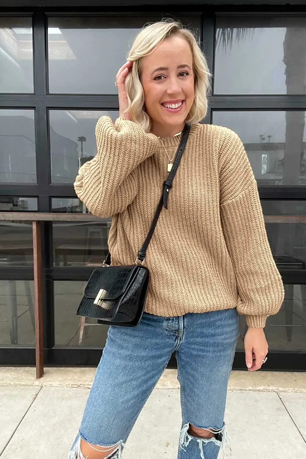 Women's Crew Neck Loose Drop Shoulder Lantern Sleeve Casual Solid Color Knit Pullover Sweater