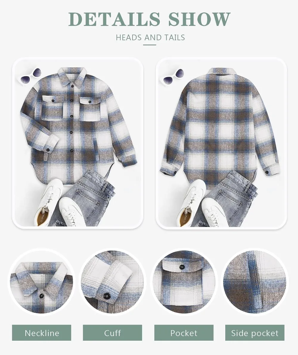 Women's Flannel Plaid Shacket Long Sleeve Button Down Chest Pocketed Shirts Jacket Coats