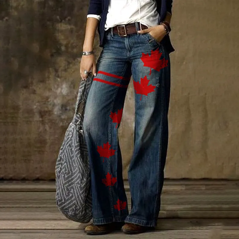 Women's Casual Canadian Maple Leaf Print Jeans