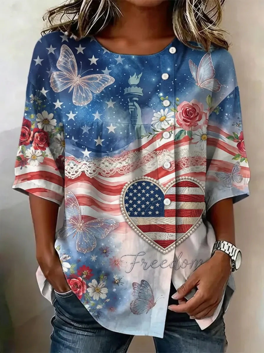 Women's USA Patriotic Butterfly Rose Flag Heart Printed Shirt
