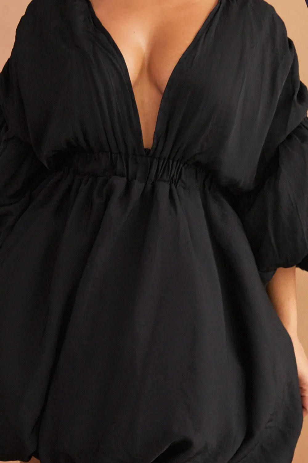 Plus Black Puff Sleeve Puffball Hem Dress