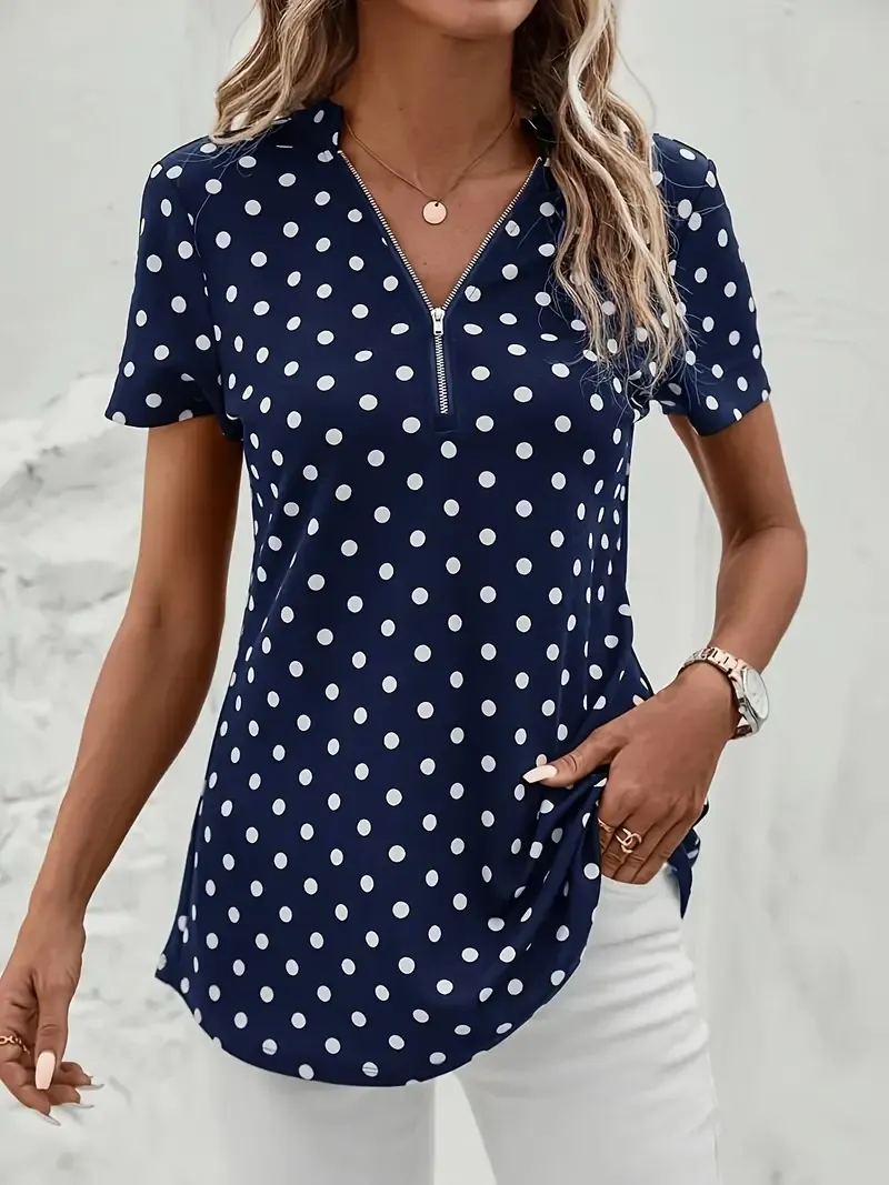 Polka Dot V-Neck Zipper Blouse, Short Sleeve Spring Summer Blouse for Women