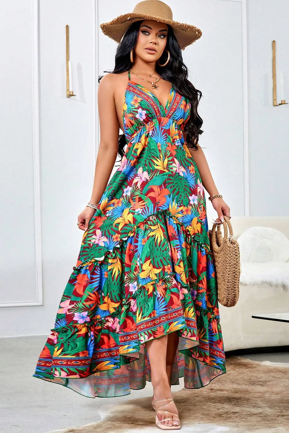 Print Tie Backless Halter Dresses