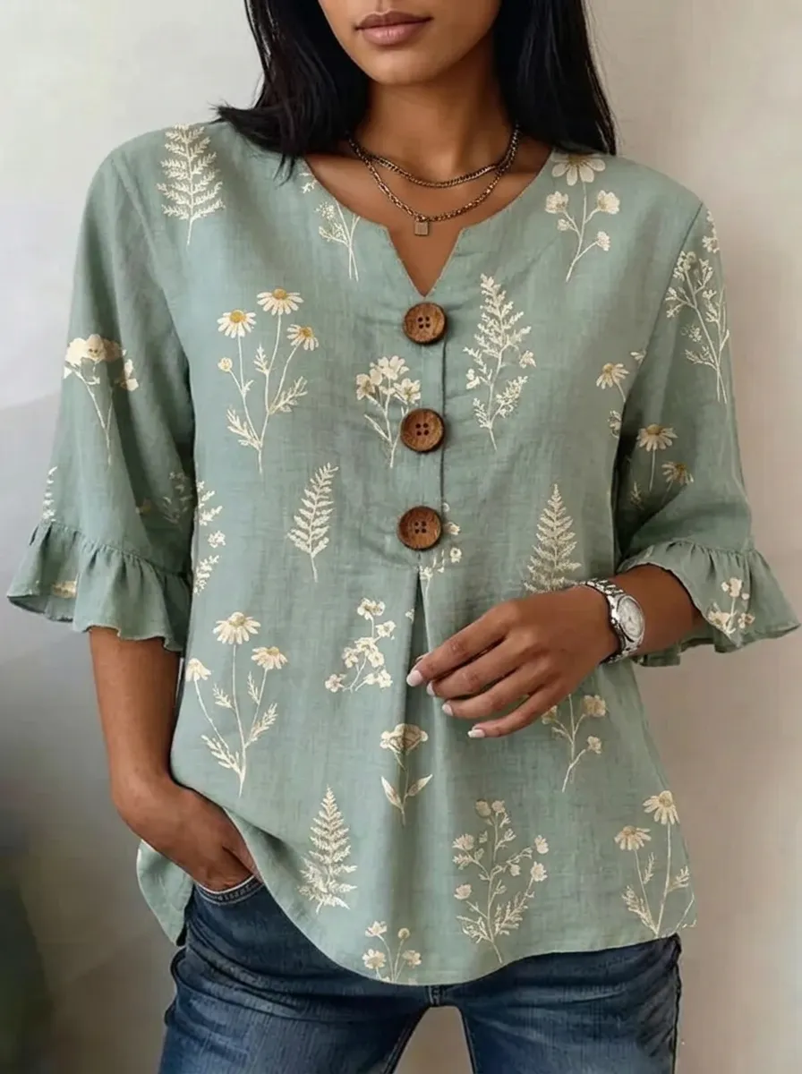 Women's Nashville Botanical Daisy Printed Button-Up Top