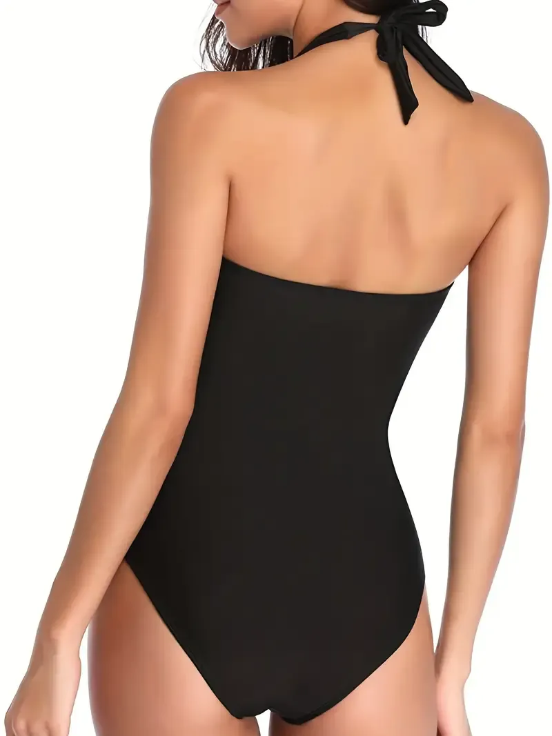 Ruched Halter Backless One Piece Swimsuit, Black Tie Neck Stretchy Solid Color Bathing Suit, Women's Swimwear & Clothing