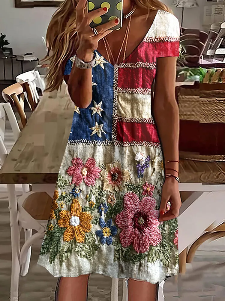 Women's Vintage Independence Day Flag Floral Embroidered V-neck Dress