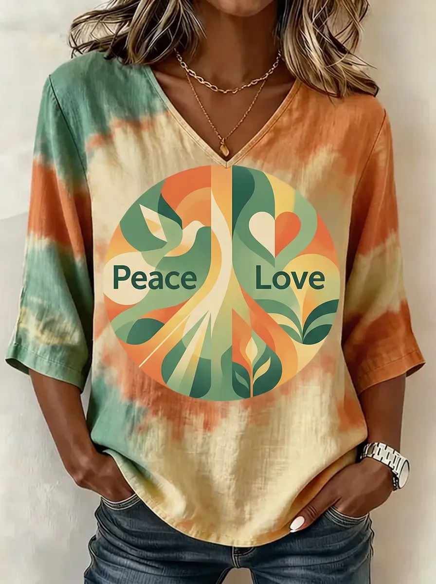 Women's Nashville Peace Love Dove Heart Printed V-neck Top