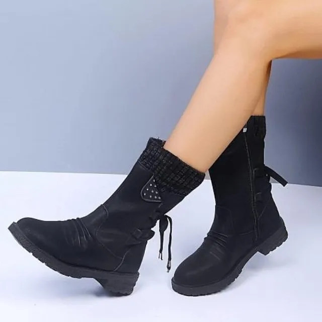 Women's Boots Snow Boots Sweater Boots Plus Size Outdoor Daily Mid Calf Boots Winter Lace-up Flat Heel Round Toe Casual Faux Leather Zipper Black Red Blue