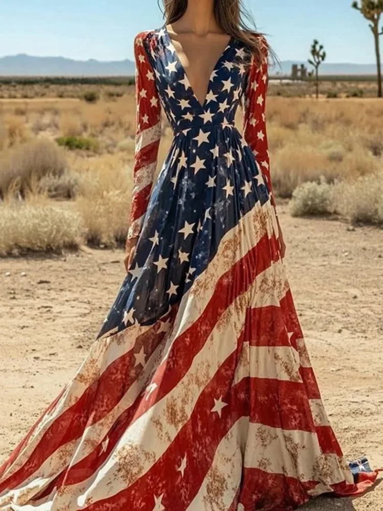Women's Vintage Independence Day Flag V Neck Maxi Dress